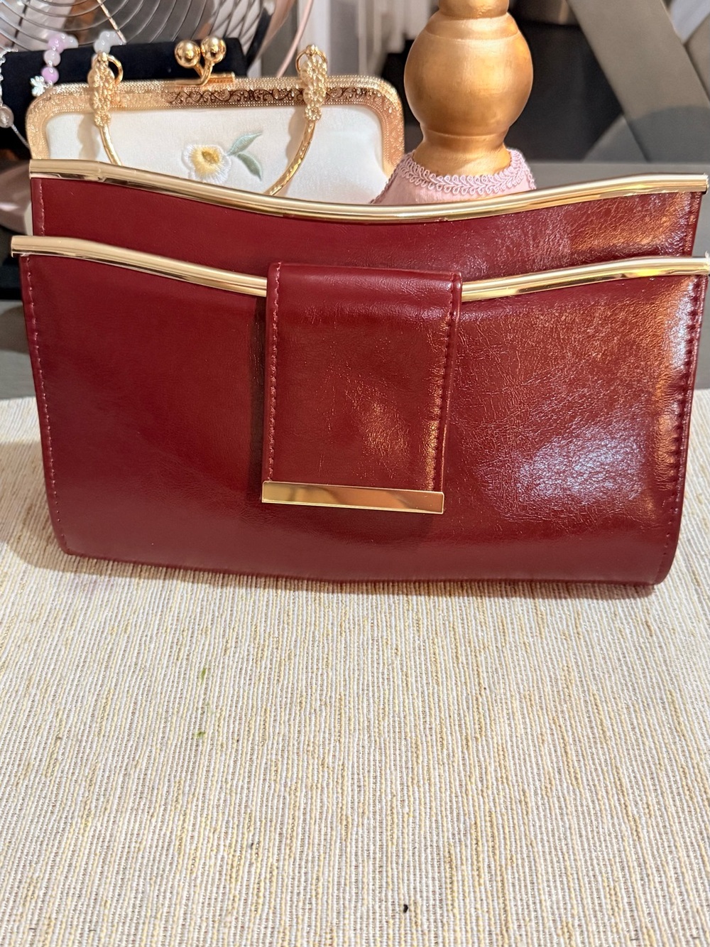 Women's Burgundy Clutch with Gold Accent